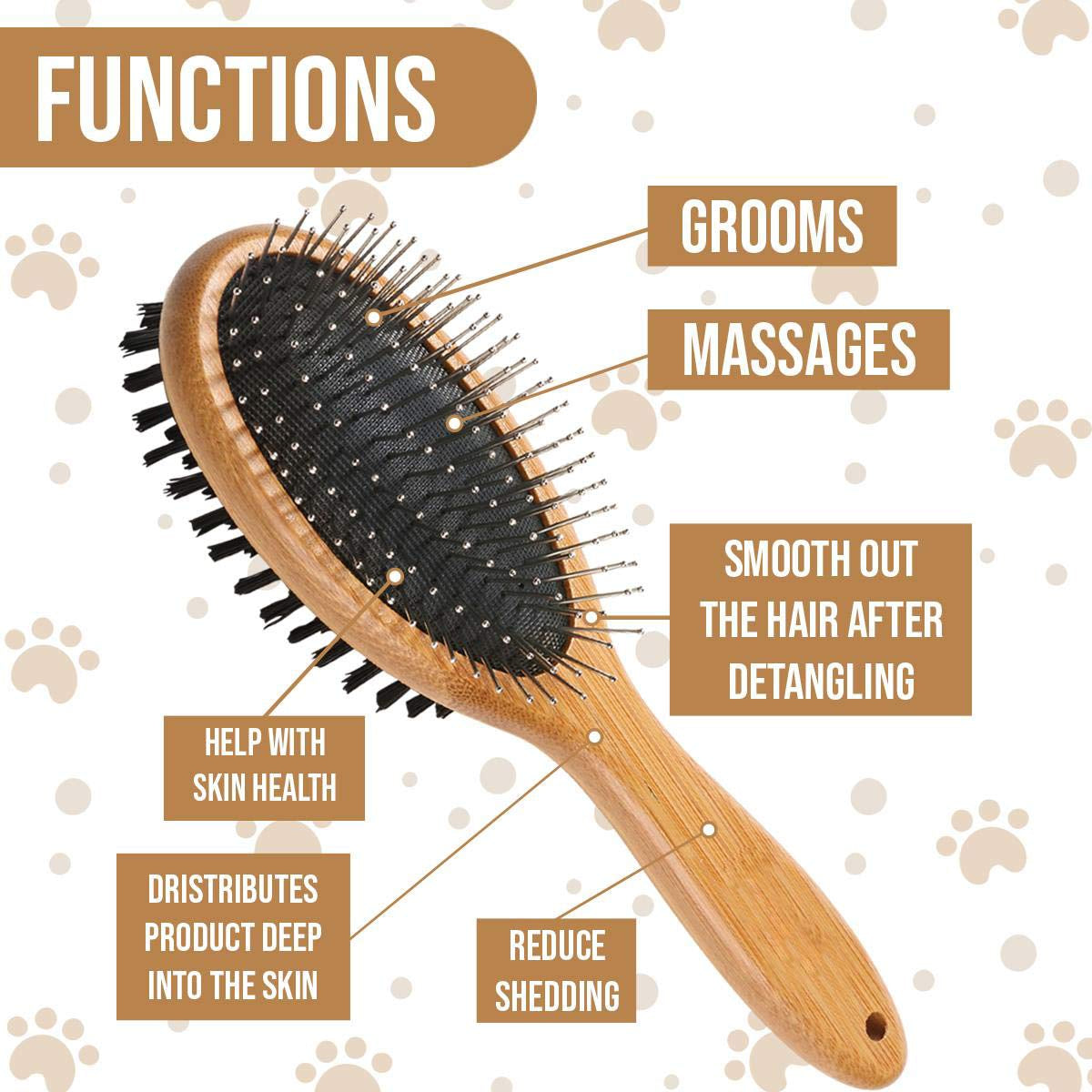 Pet Slicker Brush with Bamboo Handle – Double-Sided Grooming Comb for Dogs & Cats, Long Hair