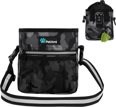 Dog Treat Bag for Training – Camo Black Pouch with Poop Bag Dispenser, 3-Way Wear