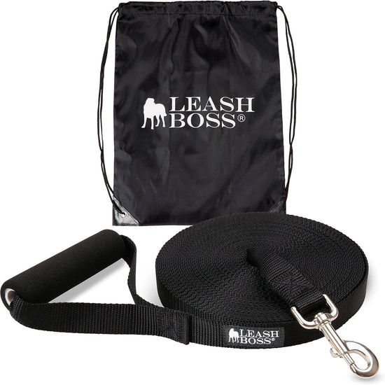 Free Range - Long Dog Leash for Large Dogs + Drawstring Backpack - 1 Inch Nylon Training Lead with Padded Handle (Black) (30 Ft)