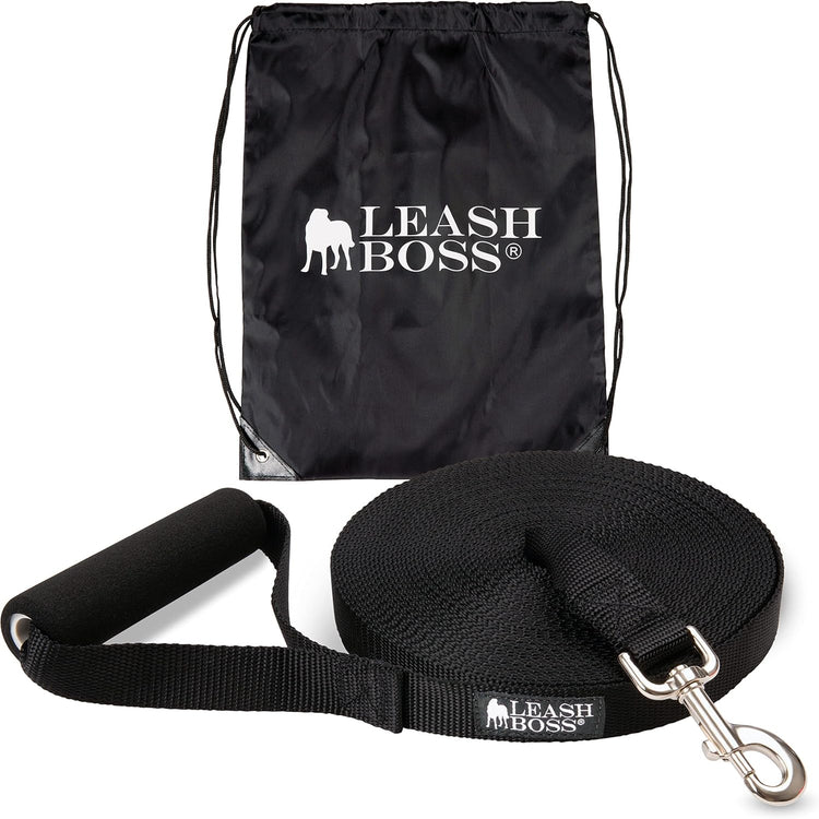 Free Range - Long Dog Leash for Large Dogs + Drawstring Backpack - 1 Inch Nylon Training Lead with Padded Handle (Black) (30 Ft)
