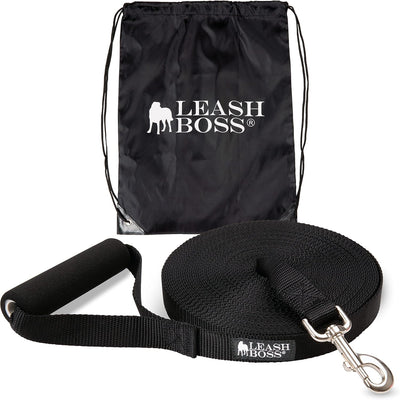Free Range - Long Dog Leash for Large Dogs + Drawstring Backpack - 1 Inch Nylon Training Lead with Padded Handle (Black) (30 Ft)
