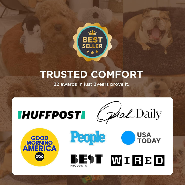 Calming Plush Cat Bed – Small 20” Round Washable Pet Bed with Anti-Slip, Camel Color