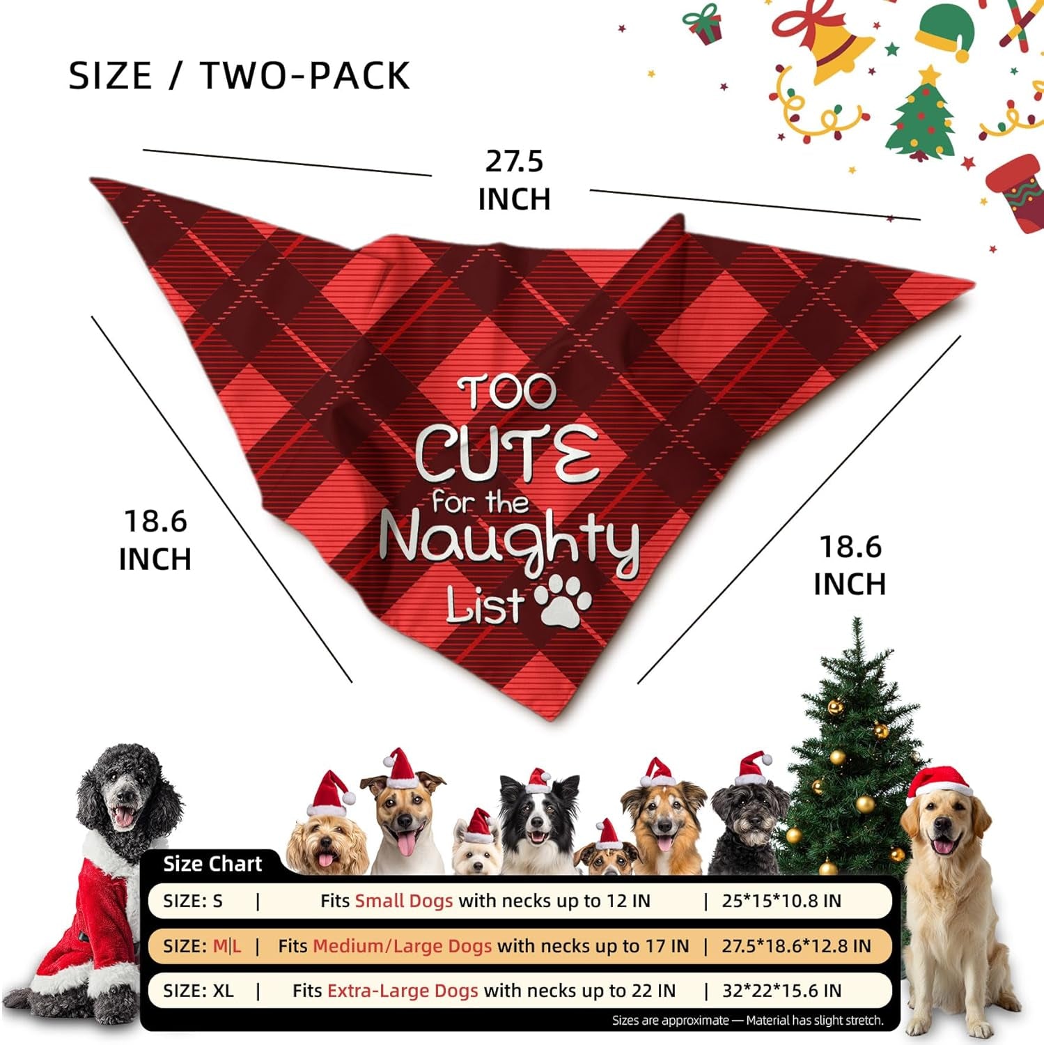 Christmas Dog Bandanas Funny, Dog Christmas Scarf 2 Packs, Pets Festive Plaid Décor for Medium Large Dogs