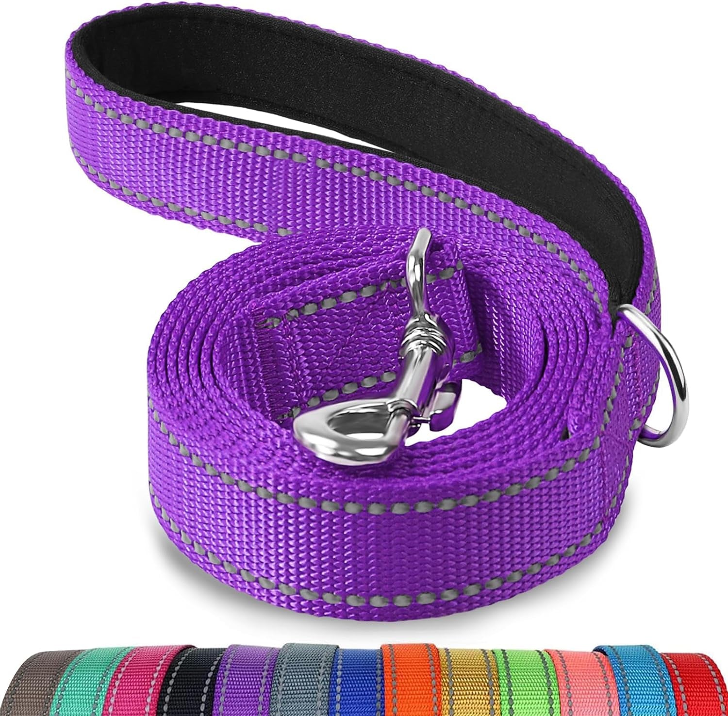 Double-Sided Reflective Dog Leash, 6 FT/5 FT/4 FT, Padded Handle Nylon Heavy Duty Leashes for Small & Medium Dogs Walking, Purple, 5FT