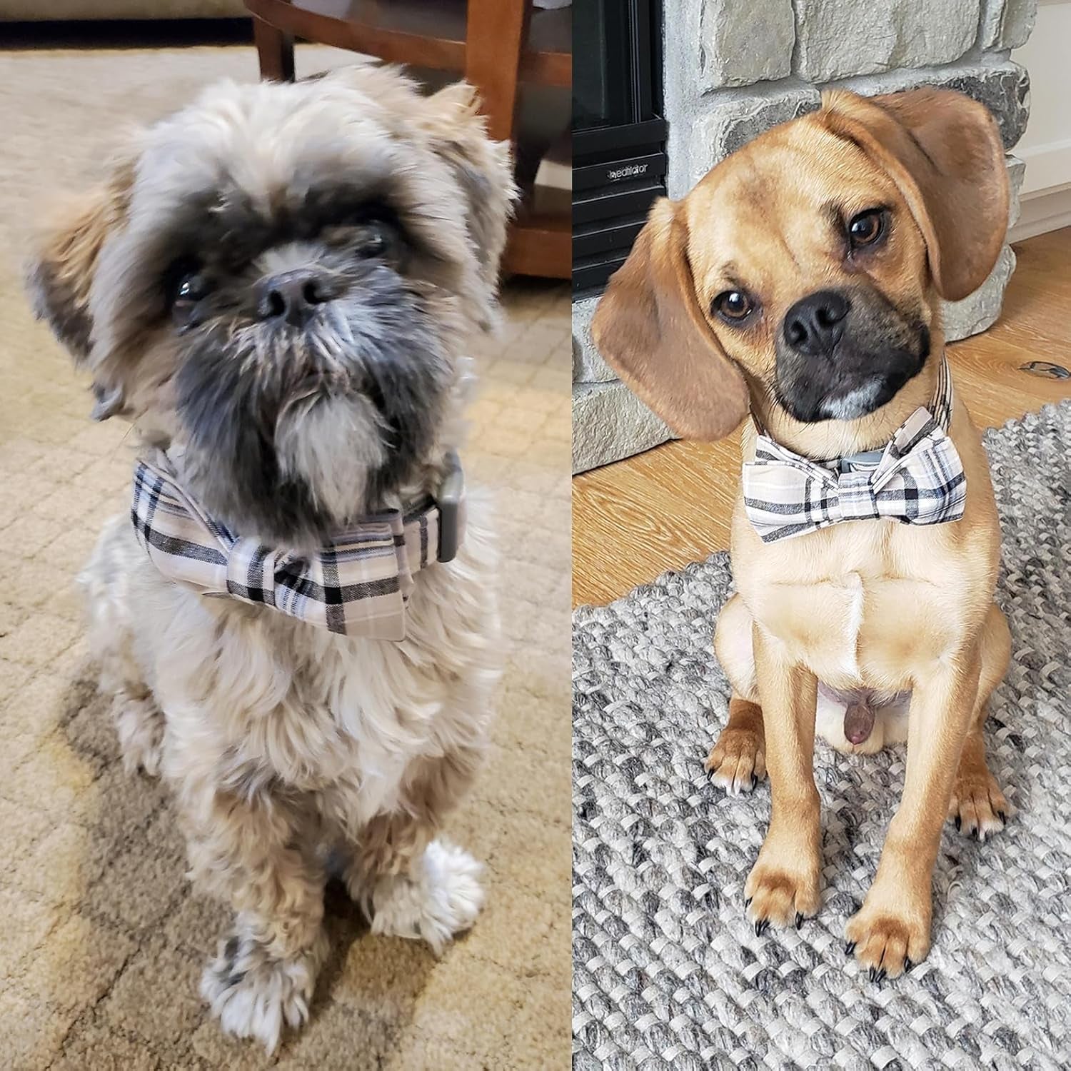 Adjustable Dog & Cat Collar with Bowtie – Grid Pattern, Plastic Buckle, Fits Small to Large Pets