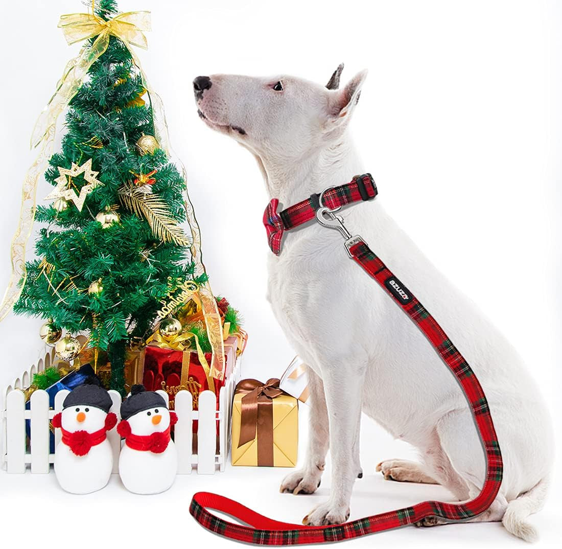 Christmas Buffalo Dog Collar and Leash Set, Classic Plaid Collar with Removable Bowtie and Matching Leash for Medium Dogs