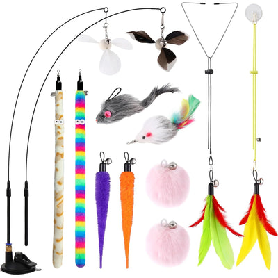 4-In-1 Interactive Cat Feather Toys,12Pcs Durable Teaser Cat Toy Replacements,Enhanced Suction Cup Cats Wand Toy,2 Types Door Hanging Cat String Toys for Indoor Kitten