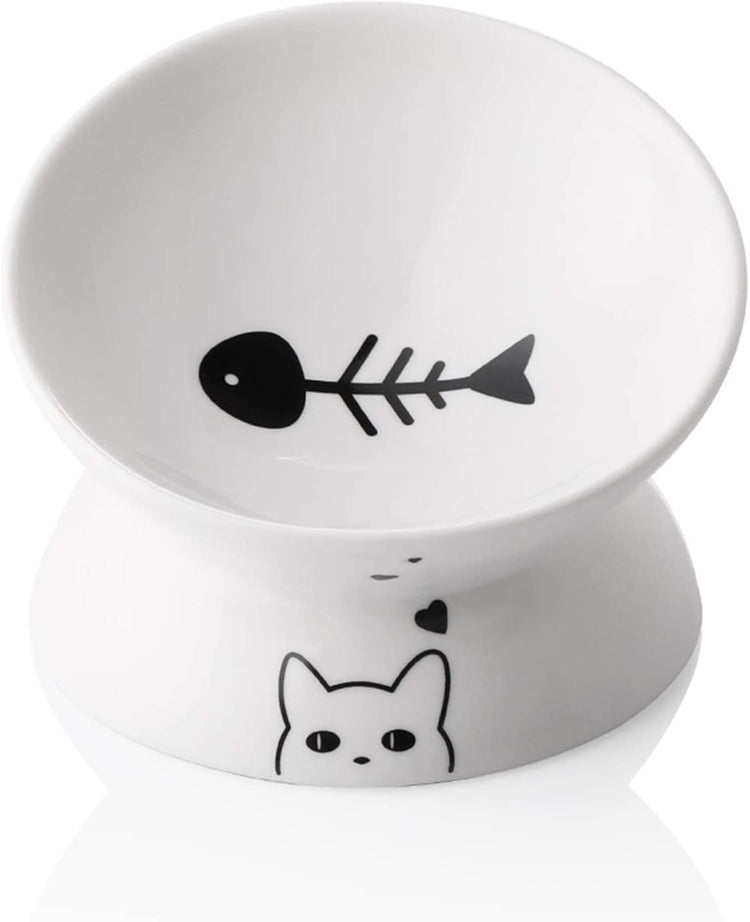 Ceramic Raised Cat Bowls, Slanted Cat Dish Food or Water Bowls, Elevated Porcelain Pet Feeder Bowl Protect Cat&