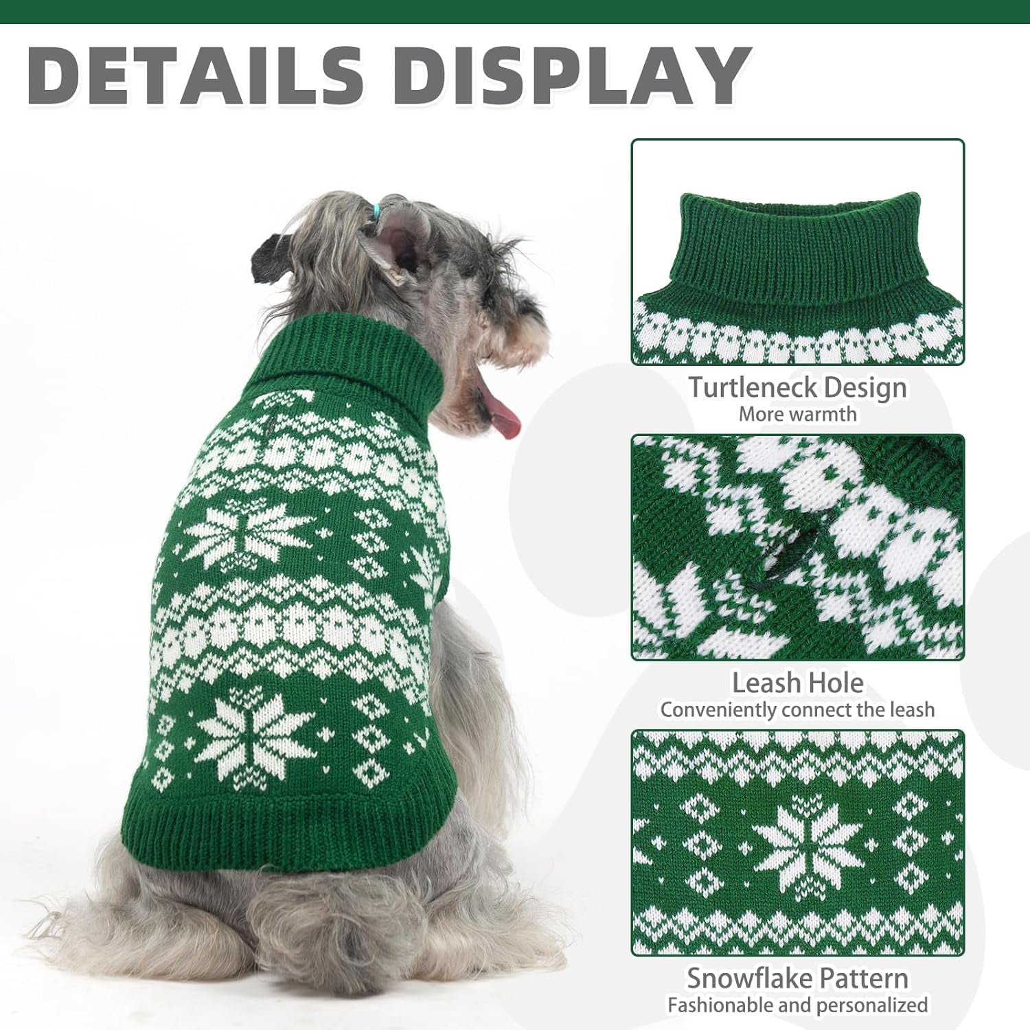 Cable Knit Dog Sweater Turtleneck, Cold Weather Pullover Classic Knitwear, Snowflake Pattern Thick Warm Winter Pet Clothes, Dog Christmas Sweater for Small Medium Large Dogs Cats,Green SM