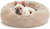 Calming Dog & Cat Bed, Cat Bed for Indoor Cats, Anti-Anxiety Donut round Bed, Fluffy Warming Pet Bed for Small Medium Dogs and Cats, Beige Taupe 20"/24"