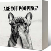 Funny French Bulldog Bathroom Wooden Box Sign, Are You Pooping Sign, Frenchie Gifts Wood Signs for Bathroom Restroom Toilet Half Bath Shelf Counter Decor, 5X5 Inch