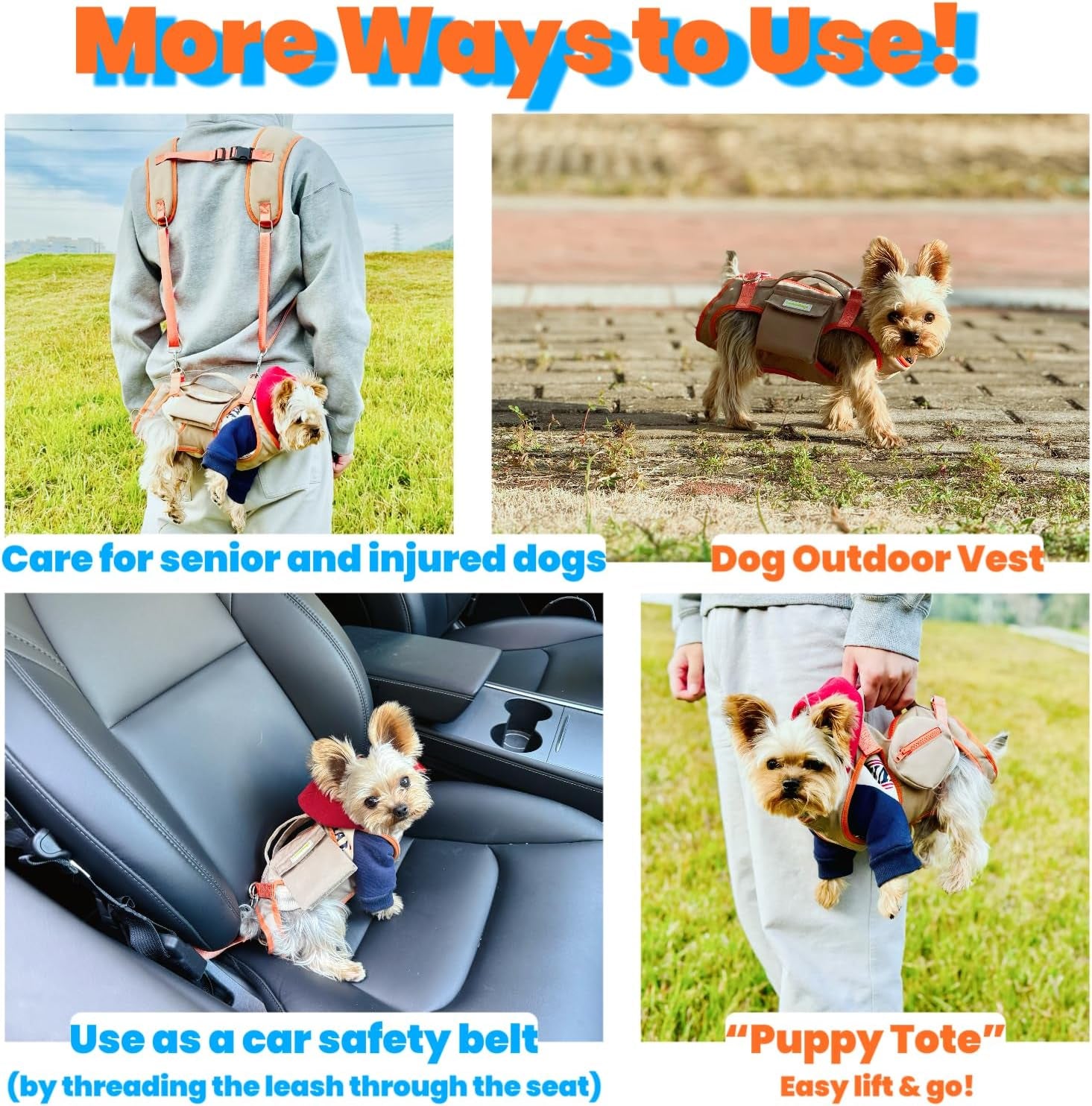 Pet Carrier Sling & Backpack, Full Body Lift Harness, Help Em up Harness for Small Dogs and Cats (Khaki, XS)