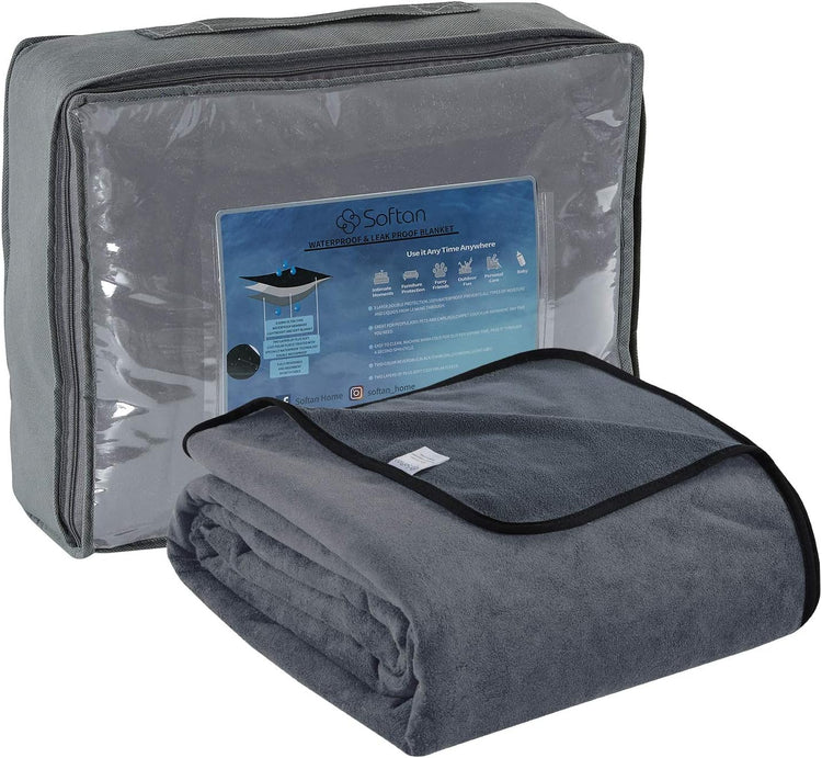 Waterproof 100% Leak Proof Blanket for Baby Adults Pets Dogs Cats, Pee Proof, 3 Layer Protector for Bed, Sofa Couch and Other Furniture, 70"X90", Charcoal | Light Grey, Reversible Lightweight