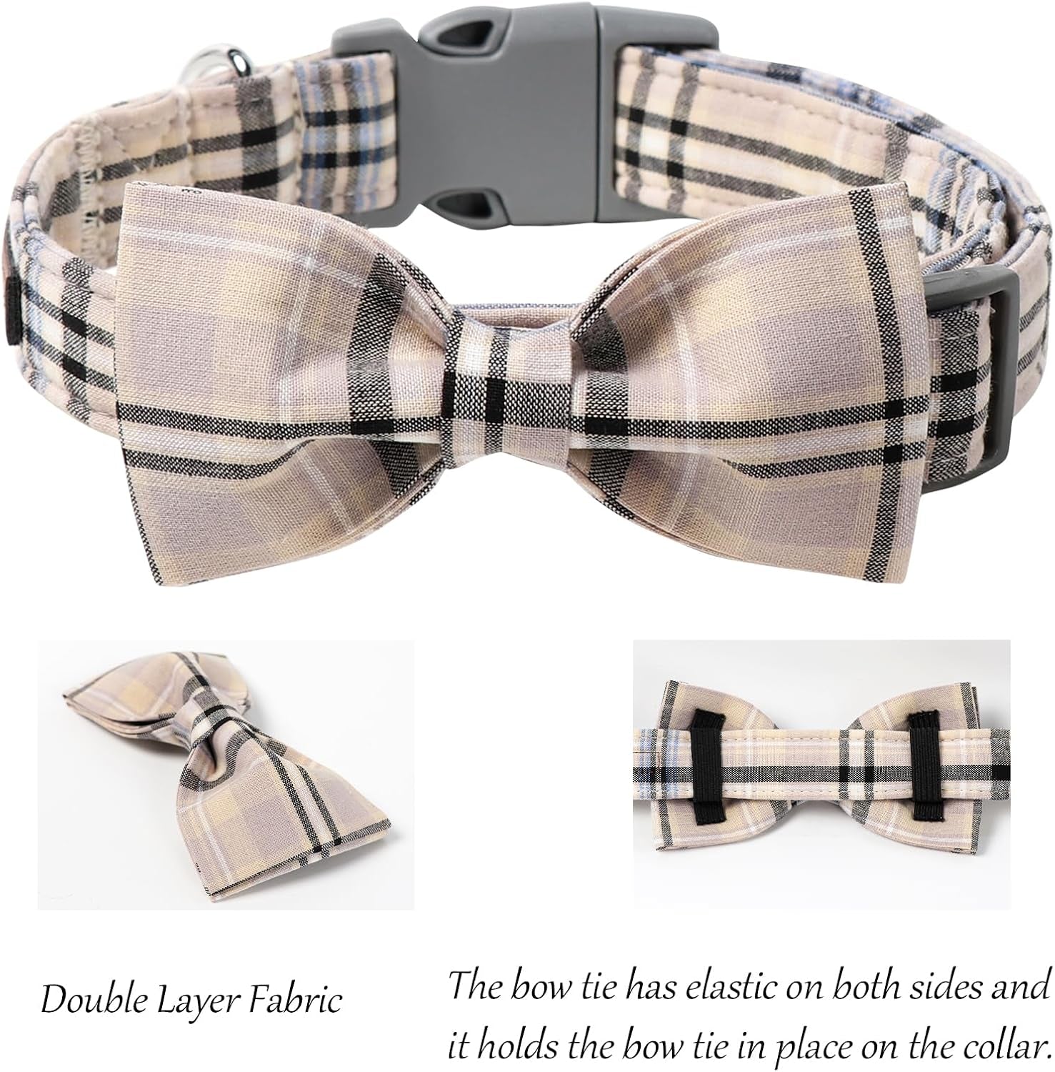 Adjustable Dog & Cat Collar with Bowtie – Grid Pattern, Plastic Buckle, Fits Small to Large Pets