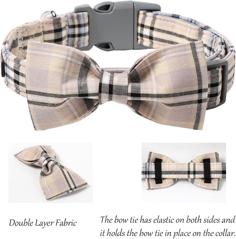 Adjustable Dog & Cat Collar with Bowtie – Grid Pattern, Plastic Buckle, Fits Small to Large Pets