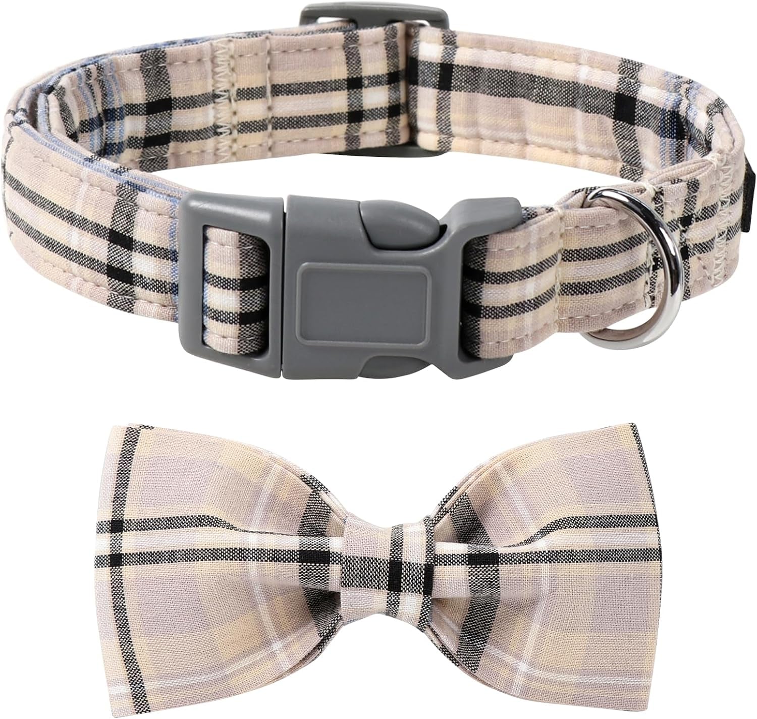 Adjustable Dog & Cat Collar with Bowtie – Grid Pattern, Plastic Buckle, Fits Small to Large Pets
