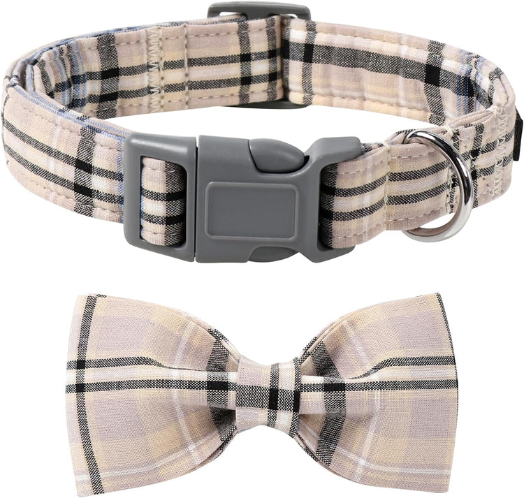 Adjustable Dog & Cat Collar with Bowtie – Grid Pattern, Plastic Buckle, Fits Small to Large Pets