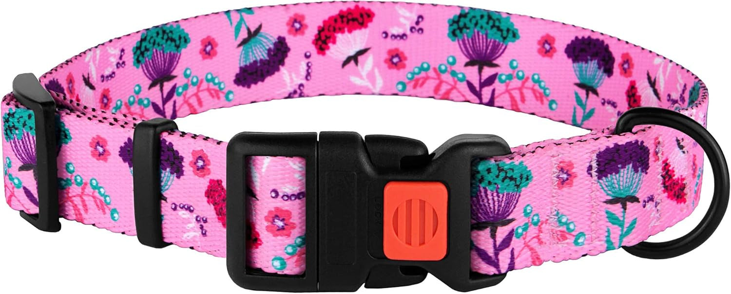 Nylon Dog Collar with Pink Floral Pattern – Adjustable 14-18 Inch