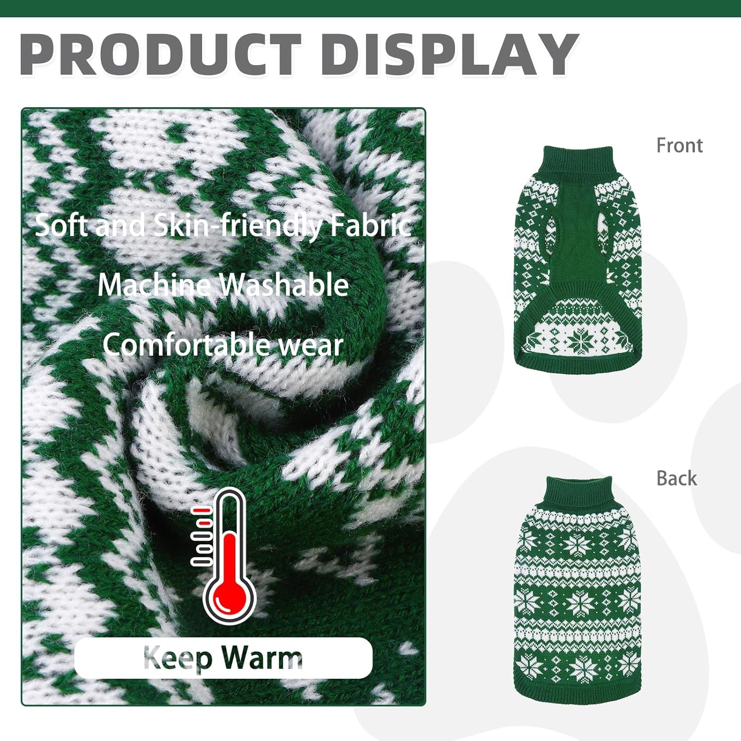 Cable Knit Dog Sweater Turtleneck, Cold Weather Pullover Classic Knitwear, Snowflake Pattern Thick Warm Winter Pet Clothes, Dog Christmas Sweater for Small Medium Large Dogs Cats,Green SM