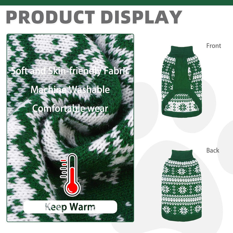 Cable Knit Dog Sweater Turtleneck, Cold Weather Pullover Classic Knitwear, Snowflake Pattern Thick Warm Winter Pet Clothes, Dog Christmas Sweater for Small Medium Large Dogs Cats,Green SM