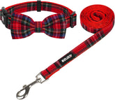 Christmas Buffalo Dog Collar and Leash Set, Classic Plaid Collar with Removable Bowtie and Matching Leash for Medium Dogs