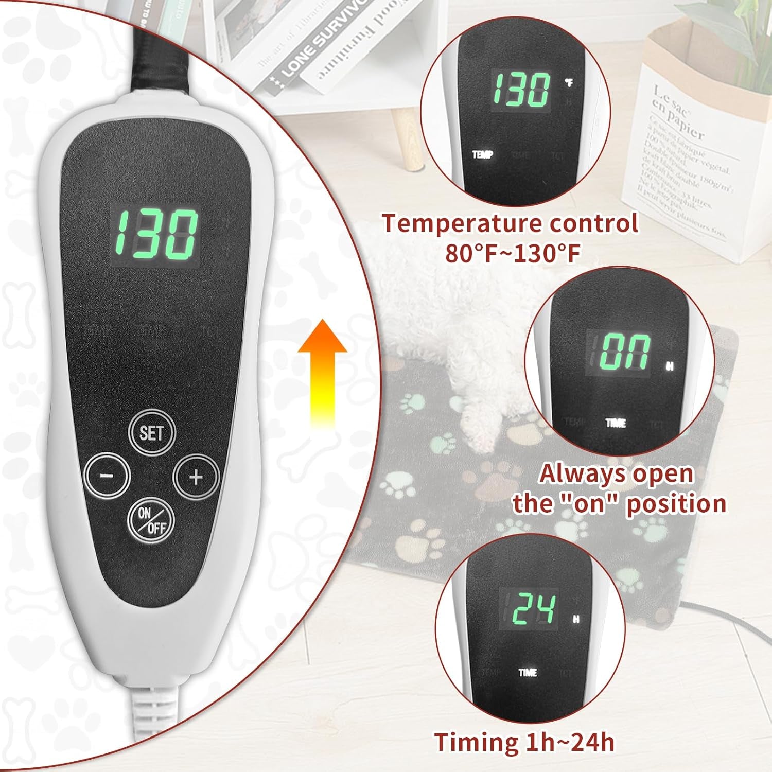 Large Dog Heating Pad 36X24 in with Smart Thermostat Switch and Power Line Protection Tube,Obtained MET and UL Dual Certification,Waterproof Pet Heating Pad for Dogs,With Plush Fabric Cover