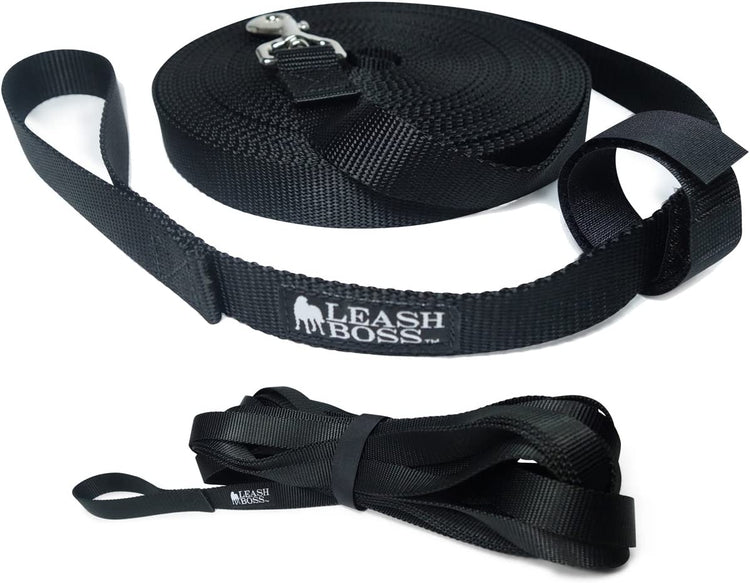 Long Trainer - 1 Inch Nylon Long Dog Training Leash with Storage Strap (50 Ft, Black)