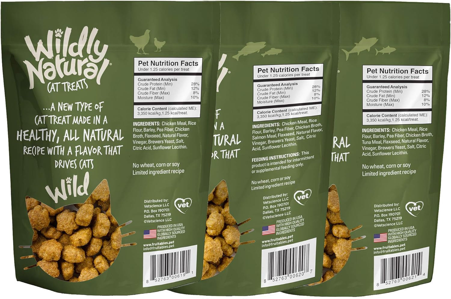 Wildly Natural Cat Treat Variety Pack – Chicken, Tuna & Salmon Flavors, 3-Pack (2.5 oz Each)