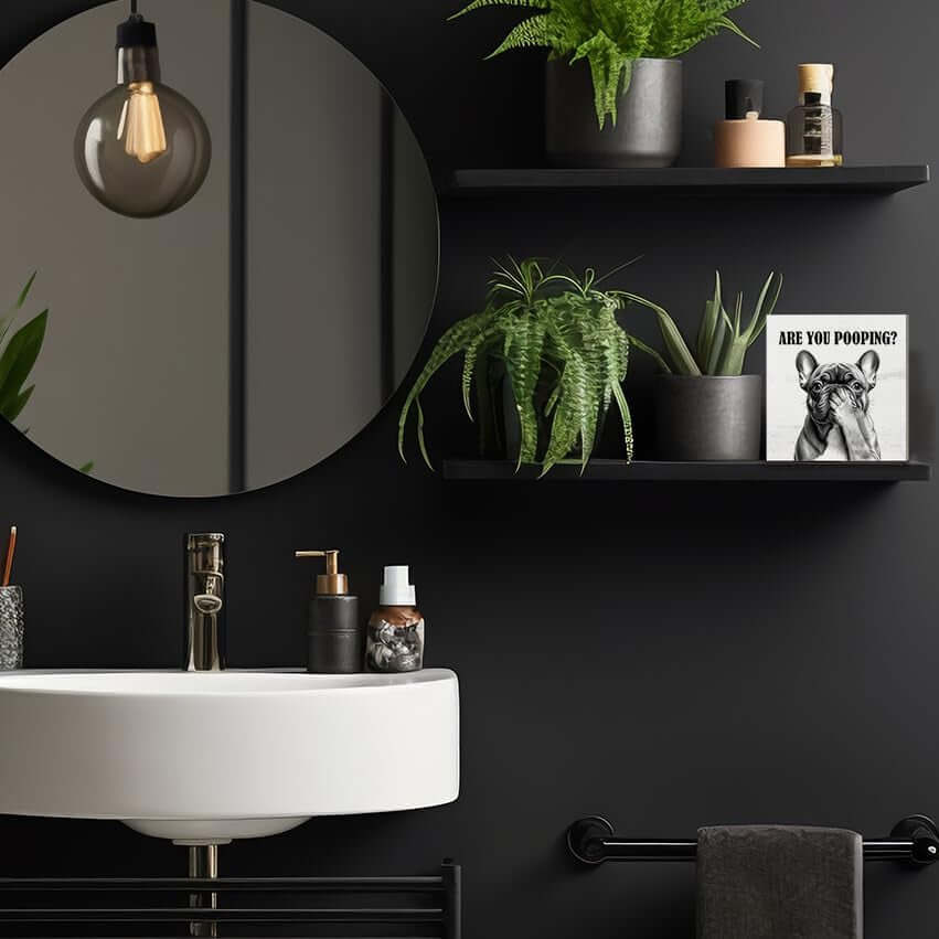 Funny French Bulldog Bathroom Wooden Box Sign, Are You Pooping Sign, Frenchie Gifts Wood Signs for Bathroom Restroom Toilet Half Bath Shelf Counter Decor, 5X5 Inch