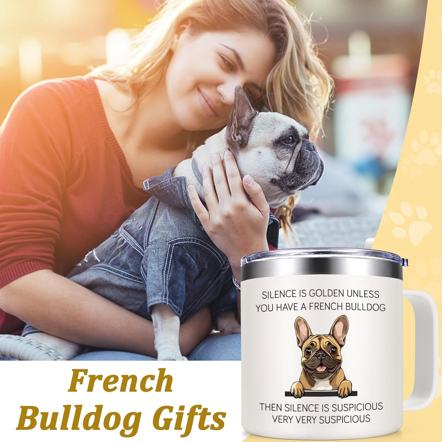 French Bulldog Gifts, Silence Is Golden Unless You Have a French Bulldog 14 Oz Insulated Coffee Mug, Frenchie Gifts, Birthday Christmas Gift for Dog Lovers, White