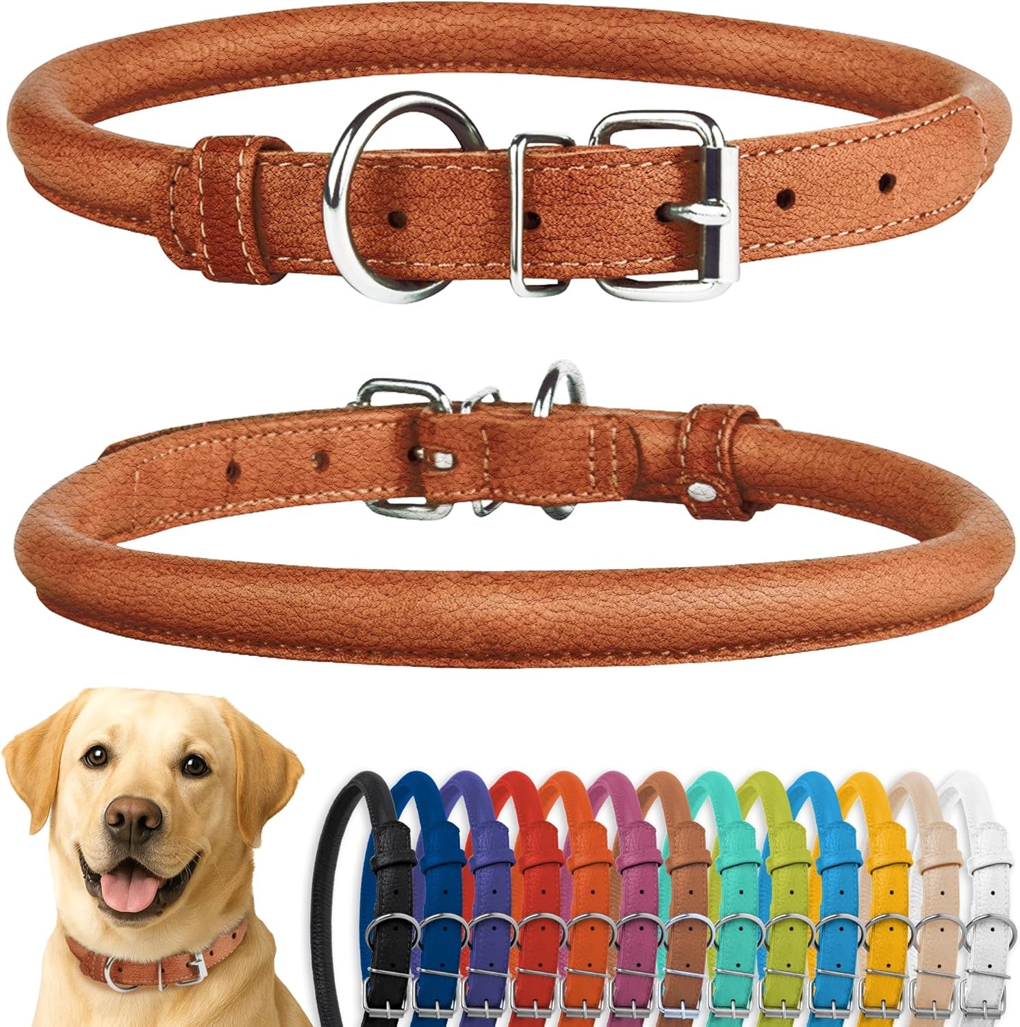 Rolled Leather Dog Collar, Soft Padded round Puppy Collar, Handmade Genuine Leather Collar Dog Small Large Cat Collars 13 Colors (15-19 Inch, Cinnamon Textured)