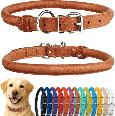 Rolled Leather Dog Collar, Soft Padded round Puppy Collar, Handmade Genuine Leather Collar Dog Small Large Cat Collars 13 Colors (15-19 Inch, Cinnamon Textured)