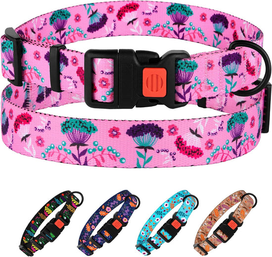 Nylon Dog Collar with Pink Floral Pattern – Adjustable 14-18 Inch