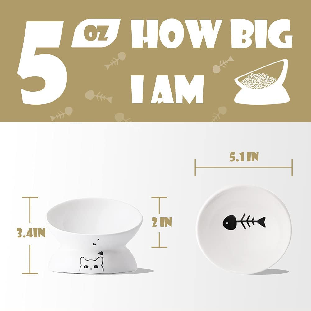 Ceramic Raised Cat Bowls, Slanted Cat Dish Food or Water Bowls, Elevated Porcelain Pet Feeder Bowl Protect Cat&