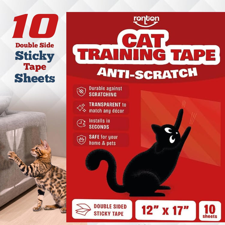 Cat Scratch Furniture Protector – Double Sided - anti Cats Scratching Sticky Tape - No-Residue for Couch, Doors & Walls - 10 Sheets - XL 17" L 12" W Furniture Protectors – Clear Training Tape