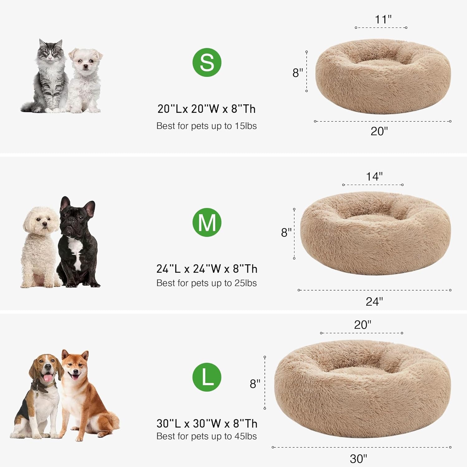 Calming Dog & Cat Bed, Cat Bed for Indoor Cats, Anti-Anxiety Donut round Bed, Fluffy Warming Pet Bed for Small Medium Dogs and Cats, Beige Taupe 20"/24"