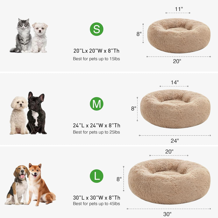 Calming Dog & Cat Bed, Cat Bed for Indoor Cats, Anti-Anxiety Donut round Bed, Fluffy Warming Pet Bed for Small Medium Dogs and Cats, Beige Taupe 20"/24"