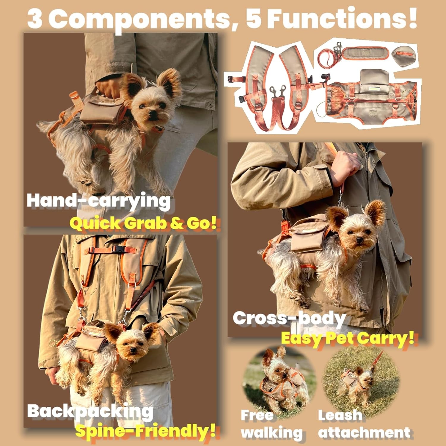 Pet Carrier Sling & Backpack, Full Body Lift Harness, Help Em up Harness for Small Dogs and Cats (Khaki, XS)