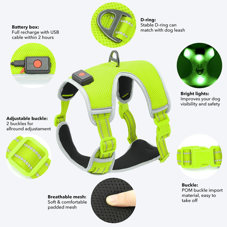 Light up Dog Harness - USB Rechargeable LED Dog Harness with Reflective Strips, Comfortable Adjustable Sizes (Green, Medium)