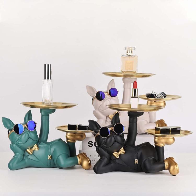 Bulldog Tray Statue - Bulldog Butler with Storage Tray for Entryway Key Holder, Ring Holder, Living Room Coffee Table Candy Dish, Modern Home Office Desktop Decor (Black)