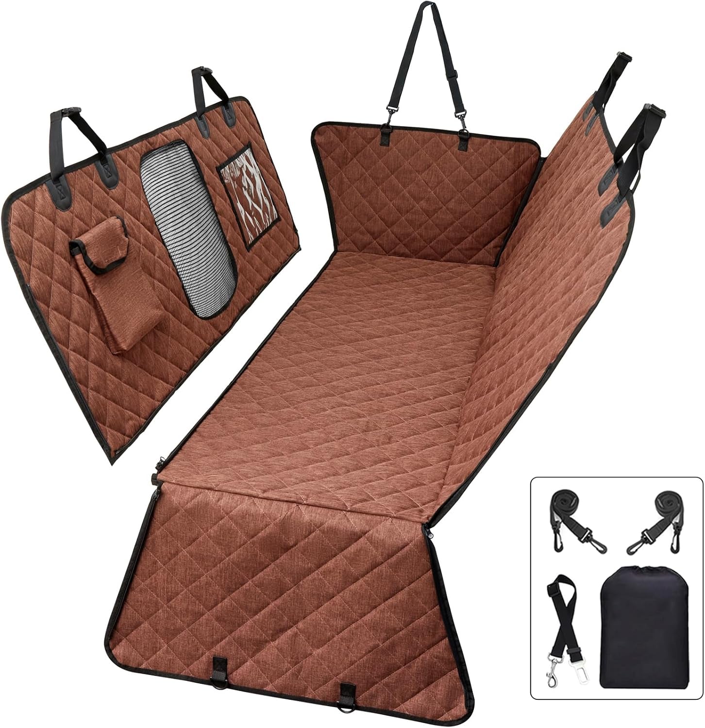 Car Dog Hammock - Waterproof Seat Cover with Mesh Window and Big Pocket for Back Seat - Nonslip Rubber Back, Washable Luxury Material for Car/Suv