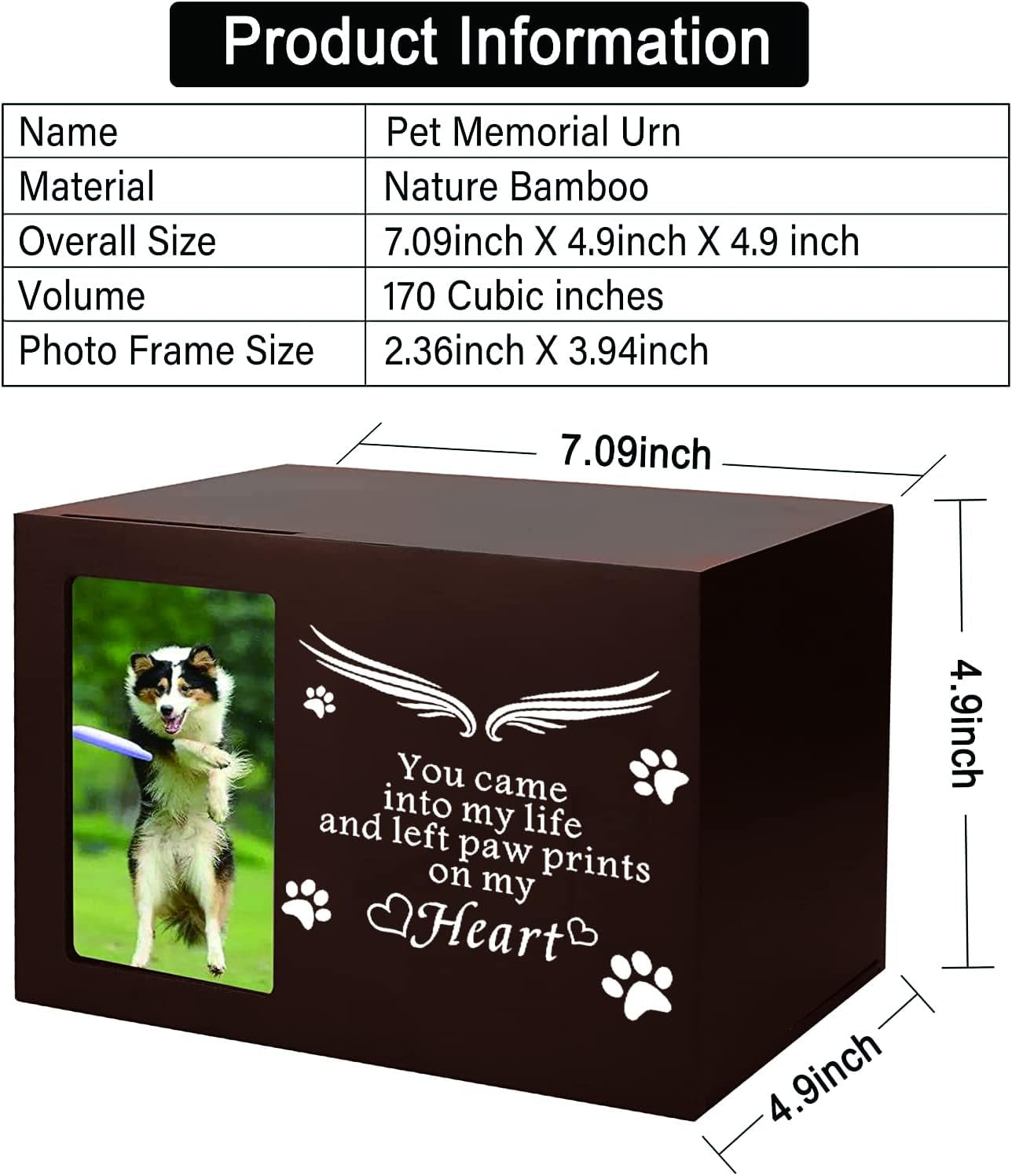Pet Memorial Keepsake - Cat or Dog Urn with Photo Frame, Wooden Bamboo Urn for Memorial Gifts