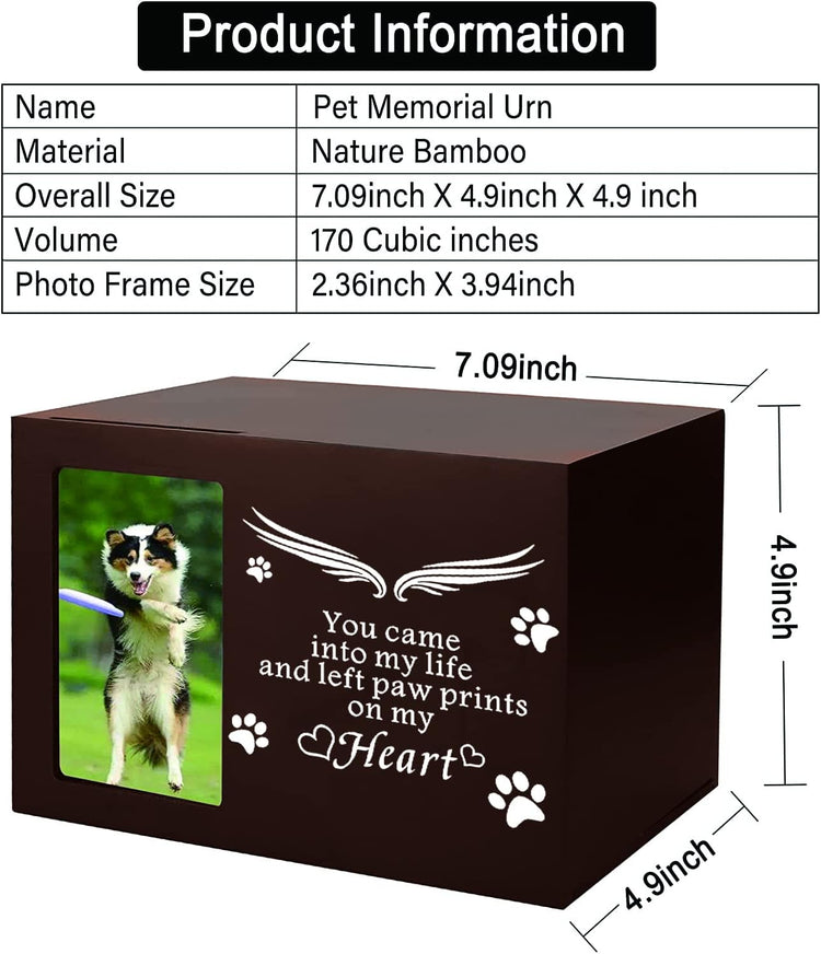 Pet Memorial Keepsake - Cat or Dog Urn with Photo Frame, Wooden Bamboo Urn for Memorial Gifts