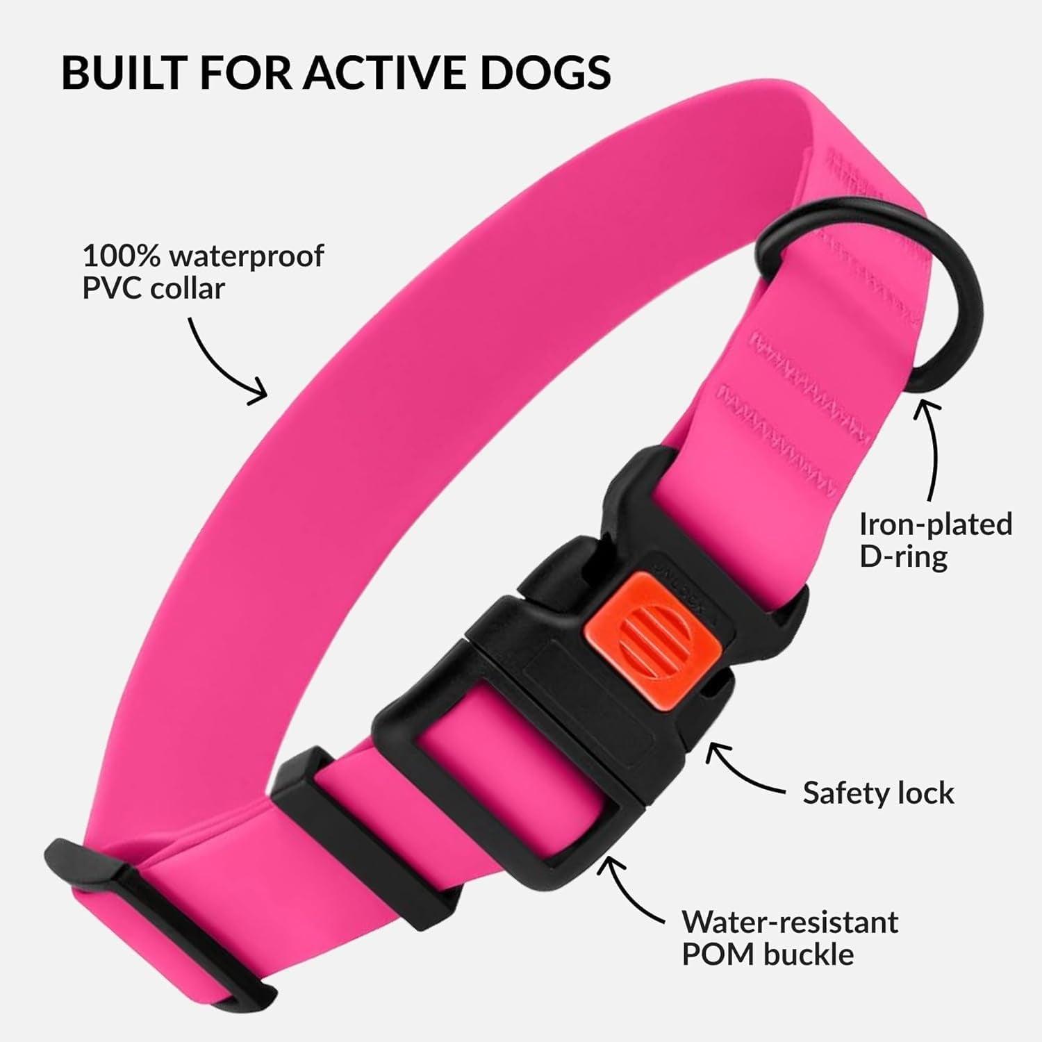 Waterproof Dog Collar - Silicone, Plastic Collar, Odor-Resistant, Easy to Clean, for Large, Medium, Small Dogs - Adjustable Collar with Breakaway Buckle (Neck Fit 12"-16", Pink)