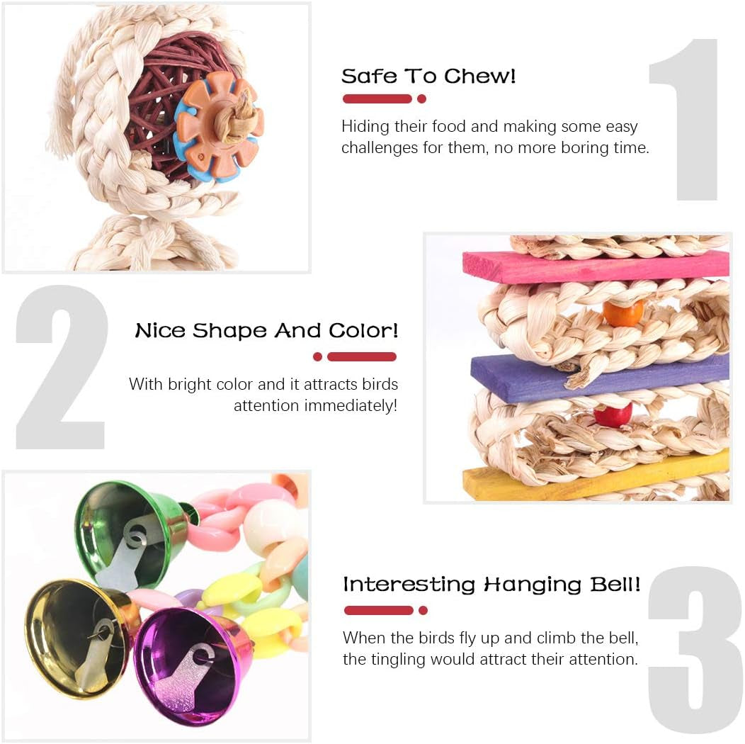 Bird Toys Set, 3-Pack – Bells, Rattan Balls & String for Parrots, Parakeets & Small Birds