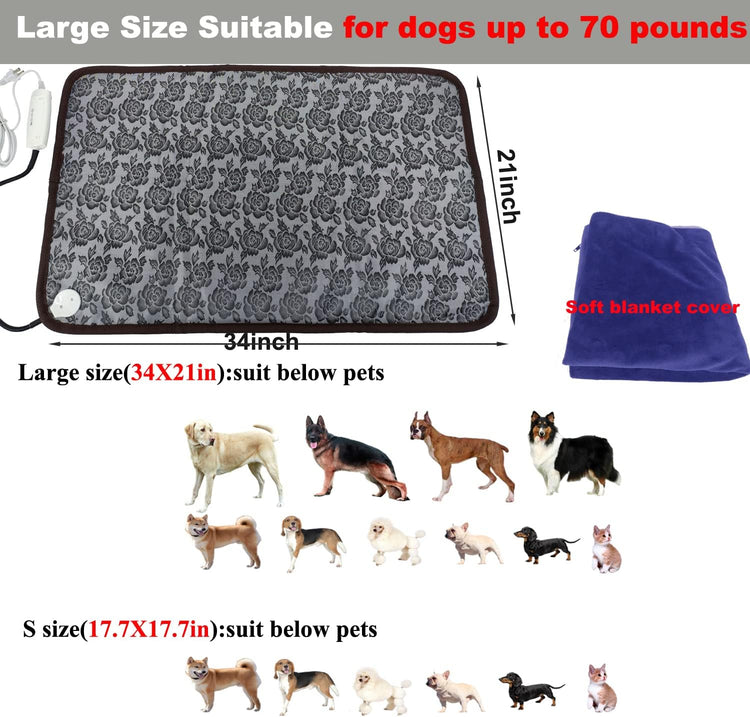 Large Pet Heating Pad – 34"x21" Electric Heated Bed with Washable Cover