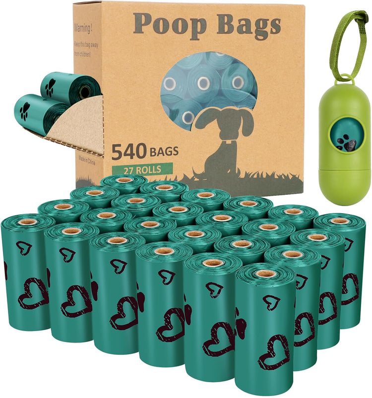 Dog Poop Bag Rolls - 540 Count Dog Waste Bags with Dispenser, Extra Thick Strong Leak Proof Poop Bags for Dogs Doggy | Scented Dark Green