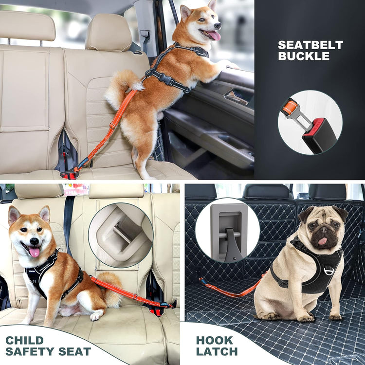 Dog Seat Belt 3-In-1 Car Harness for Dogs Adjustable Safety Seatbelt for Car Durable Nylon Reflective Bungee Fabric Tether with Clip Hook Latch & Buckle, Swivel Zinc Alloy Carabiner