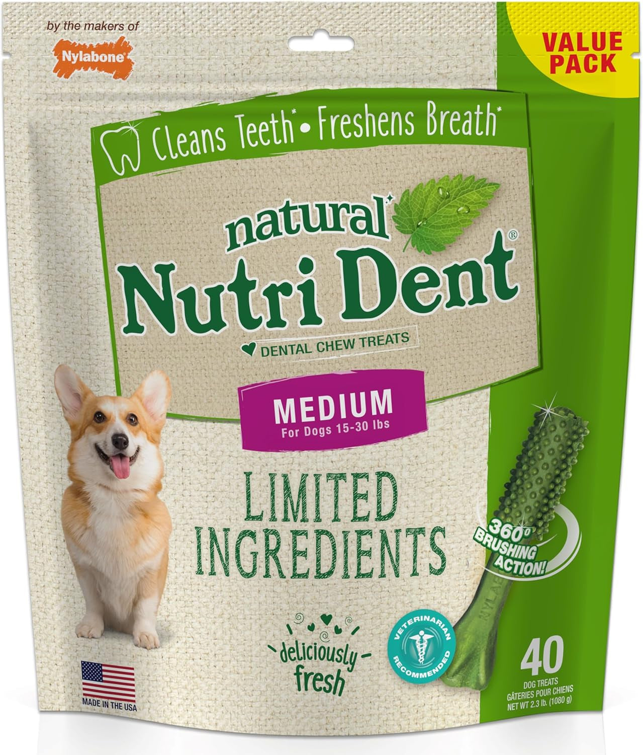 Nutri Dent Dog Dental Treats – Natural Teeth Cleaning & Breath Freshener, Medium Size, 40 Count