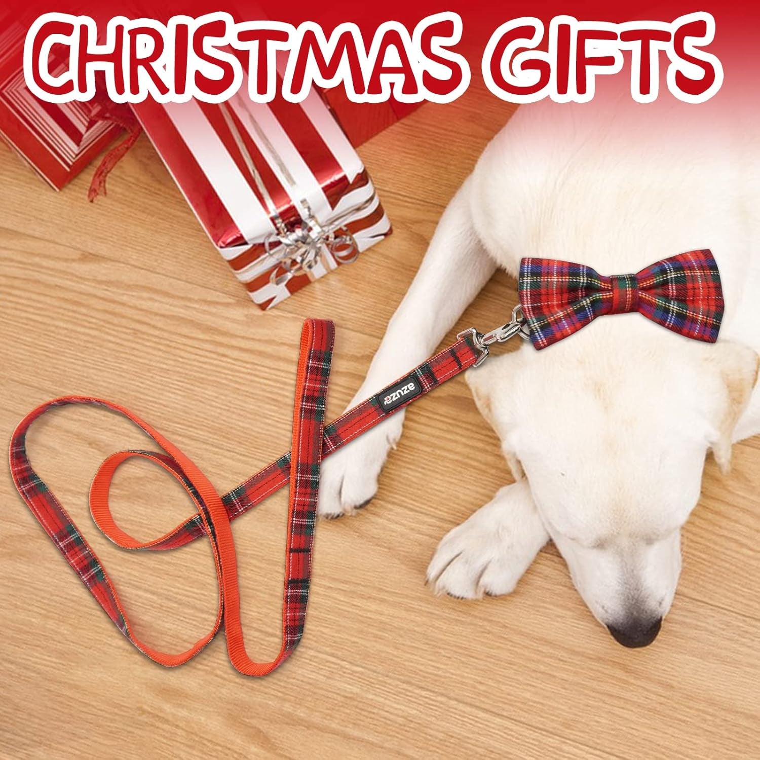 Christmas Buffalo Dog Collar and Leash Set, Classic Plaid Collar with Removable Bowtie and Matching Leash for Medium Dogs